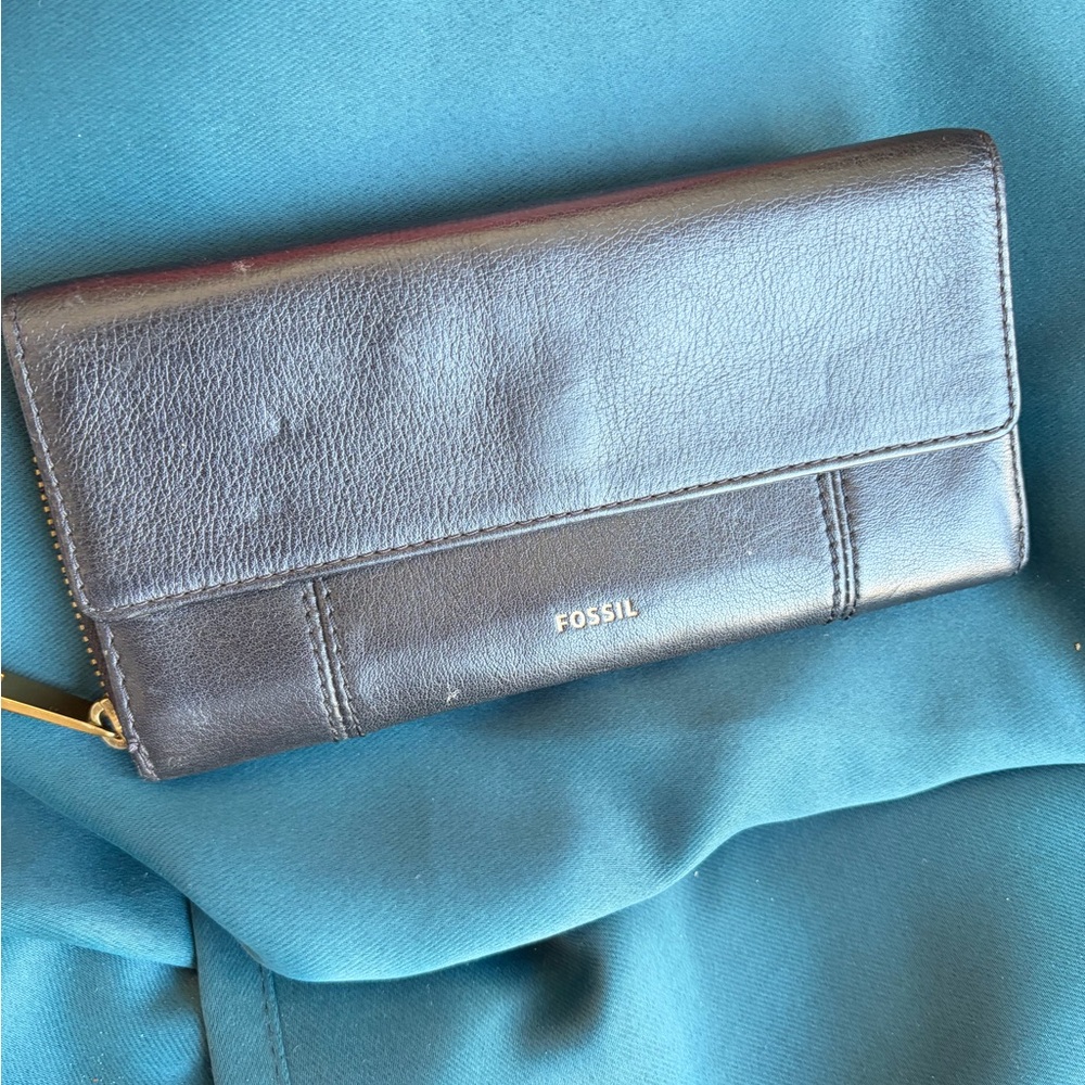 Fossil Black Wallet with Gold-Tone Zipper Pull